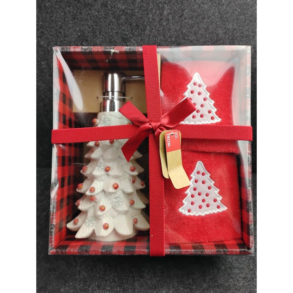 White Christmas Tree Soap Lotion Dispenser and 2 Red Fingertip Towels NEW in Box